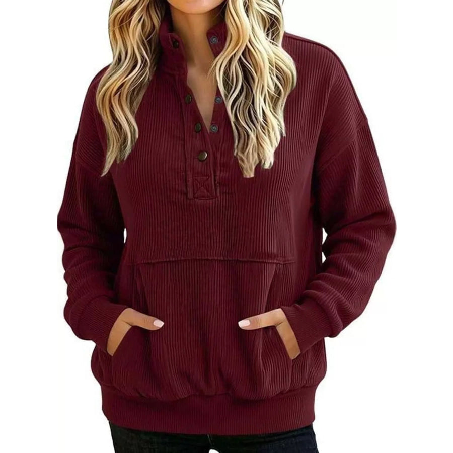 Full Size Quarter-Snap Sweatshirt with Kangaroo Pocket Plus Wine Red / S Apparel and Accessories