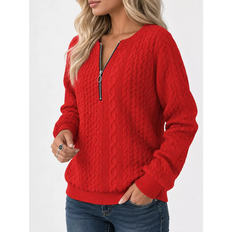 Full Size Quarter-Zip Cable Knit Sweatshirt Plus Apparel and Accessories