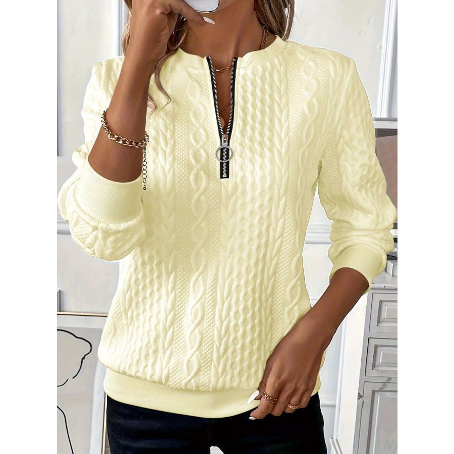 Full Size Quarter-Zip Cable Knit Sweatshirt Plus Apricot / S Apparel and Accessories