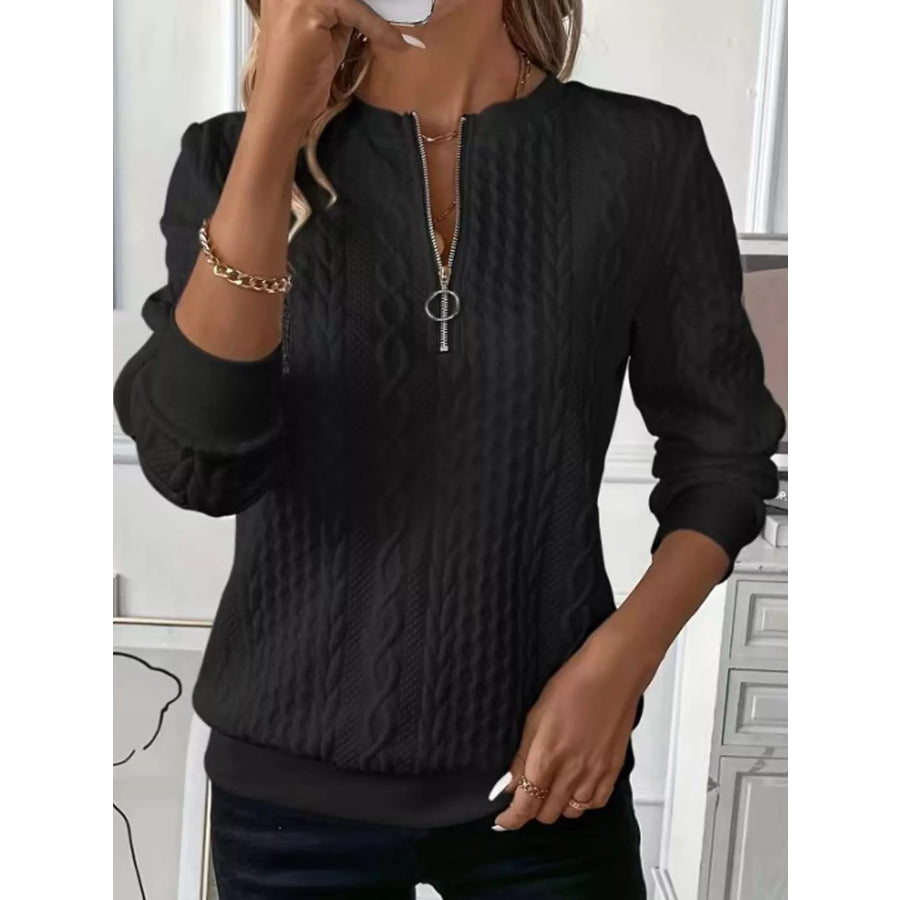 Full Size Quarter-Zip Cable Knit Sweatshirt Plus Black / S Apparel and Accessories