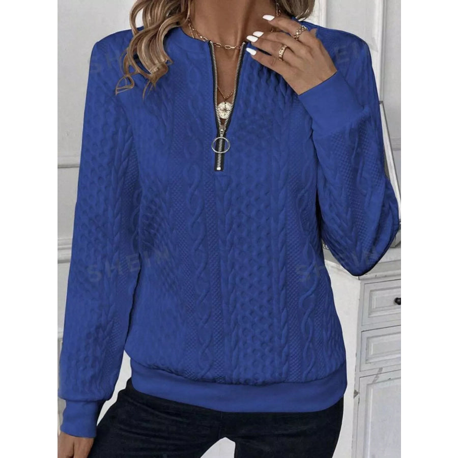 Full Size Quarter-Zip Cable Knit Sweatshirt Plus Blue / S Apparel and Accessories