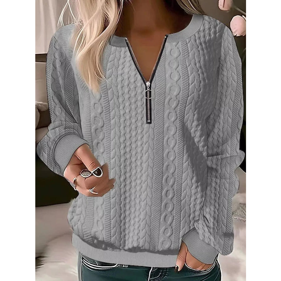 Full Size Quarter-Zip Cable Knit Sweatshirt Plus Gray / S Apparel and Accessories