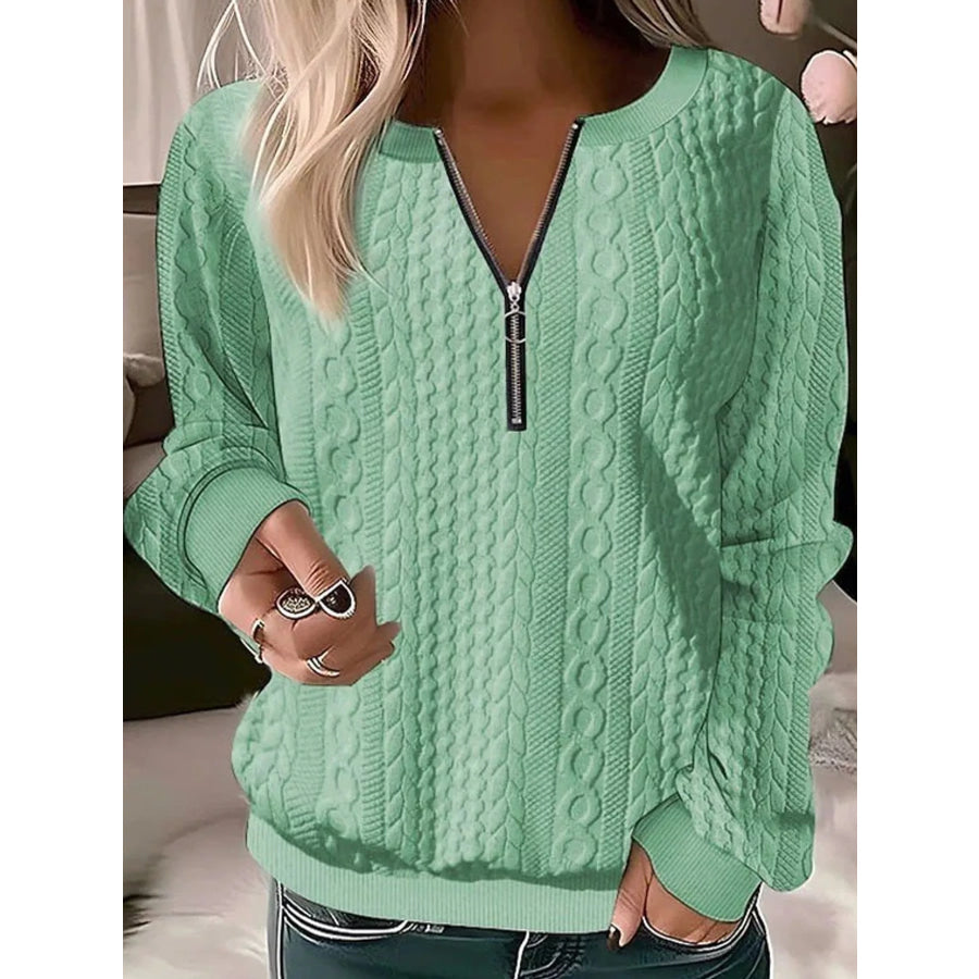Full Size Quarter-Zip Cable Knit Sweatshirt Plus Green / S Apparel and Accessories
