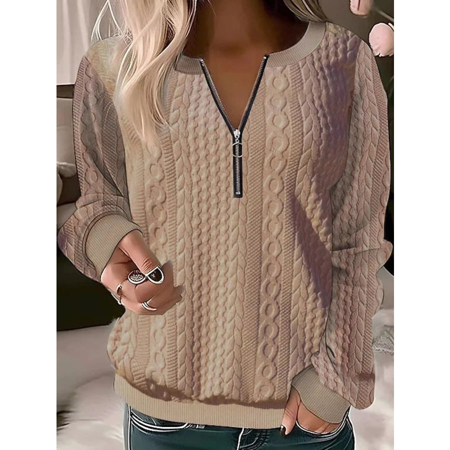 Full Size Quarter-Zip Cable Knit Sweatshirt Plus Khaki / S Apparel and Accessories