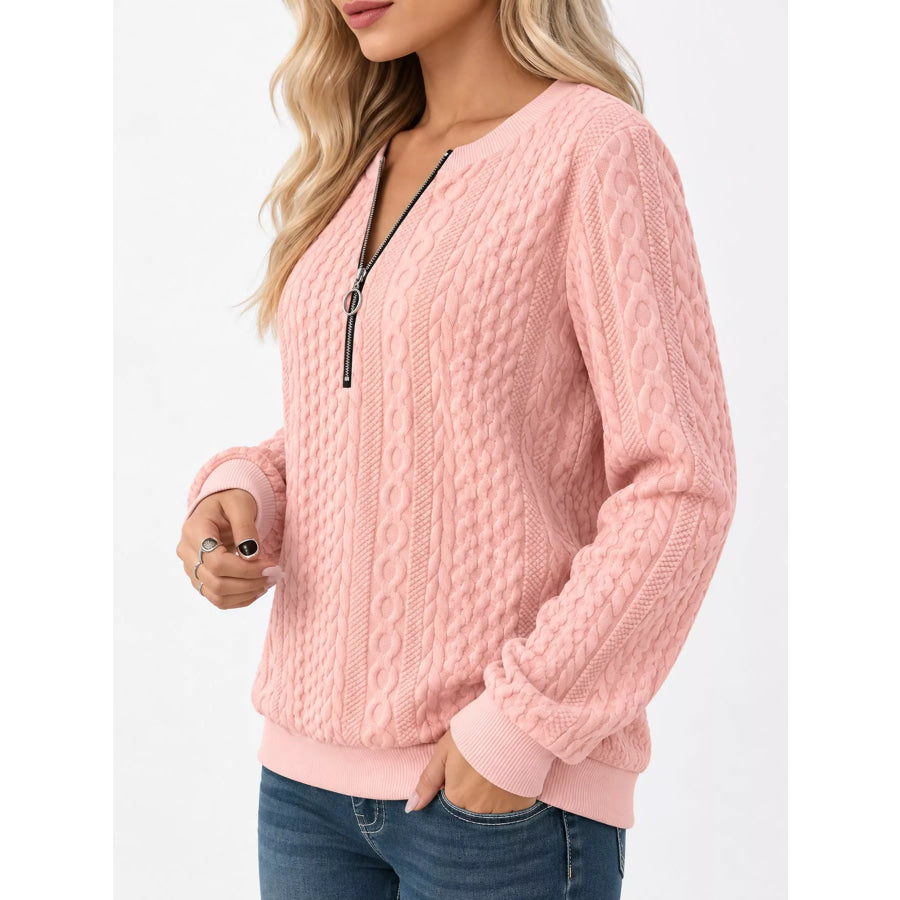Full Size Quarter-Zip Cable Knit Sweatshirt Plus Pink / S Apparel and Accessories