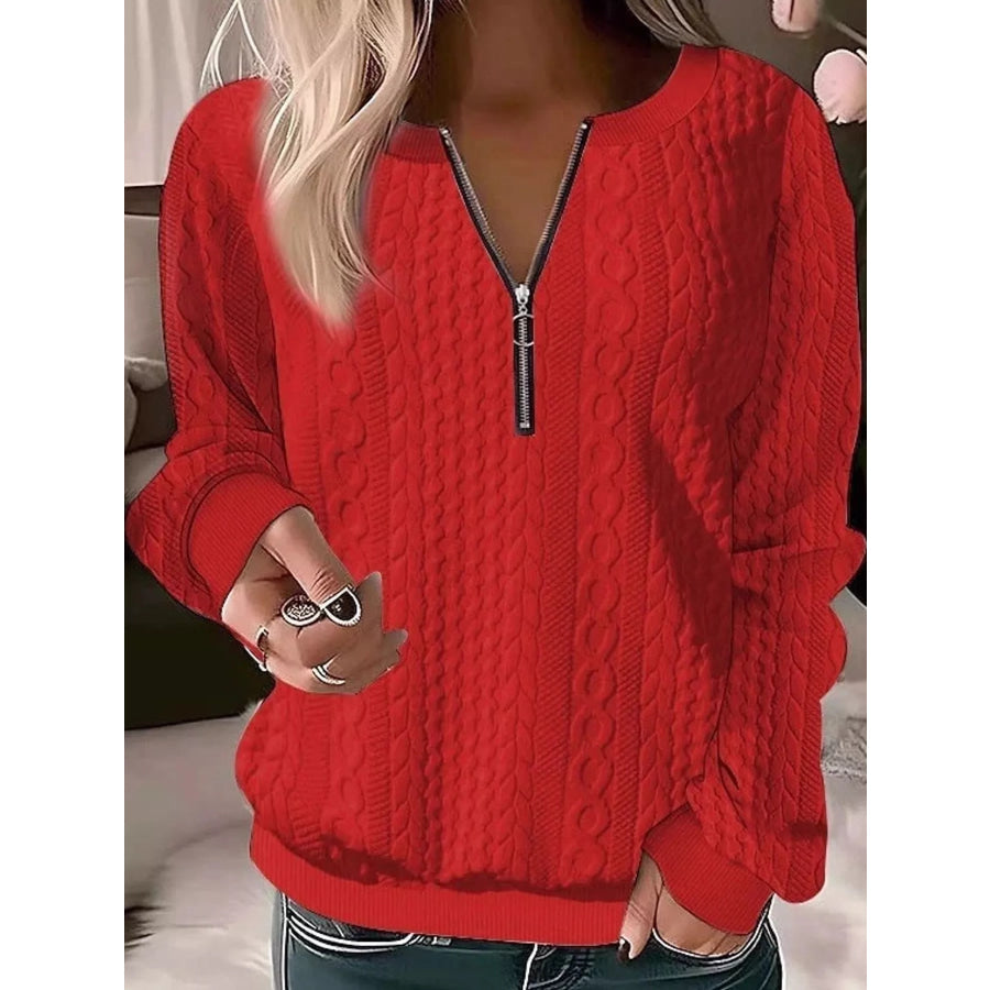 Full Size Quarter-Zip Cable Knit Sweatshirt Plus Red / S Apparel and Accessories