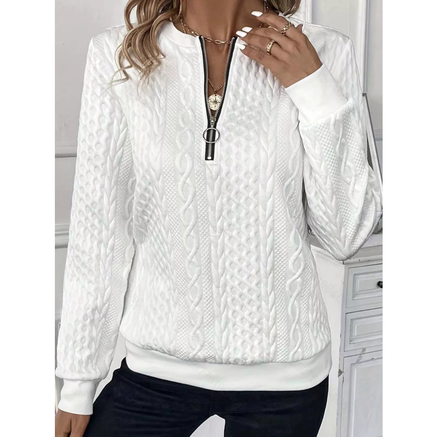 Full Size Quarter-Zip Cable Knit Sweatshirt Plus White-Black Zipper / S Apparel and Accessories