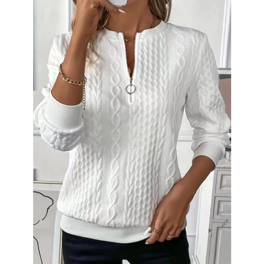 Full Size Quarter-Zip Cable Knit Sweatshirt Plus White-White Zipper / S Apparel and Accessories