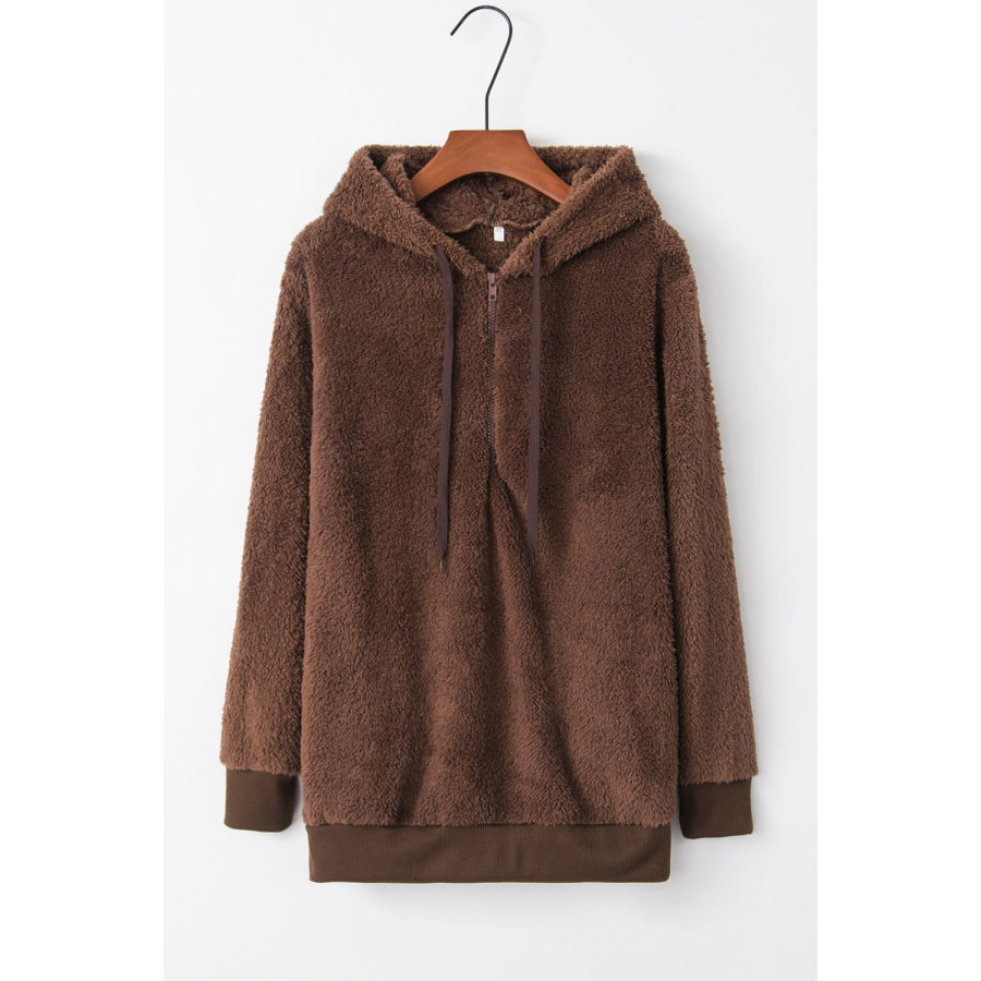 Full Size Quarter-Zip Drawstring Teddy Hoodie Brown / S Apparel and Accessories