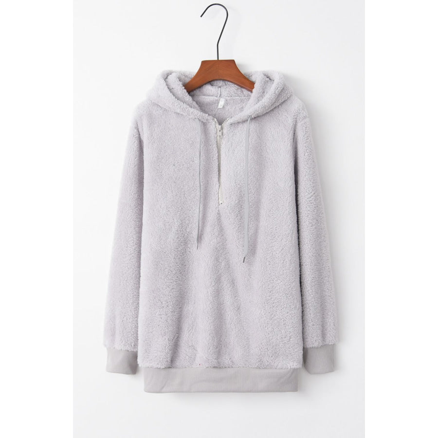 Full Size Quarter-Zip Drawstring Teddy Hoodie Apparel and Accessories