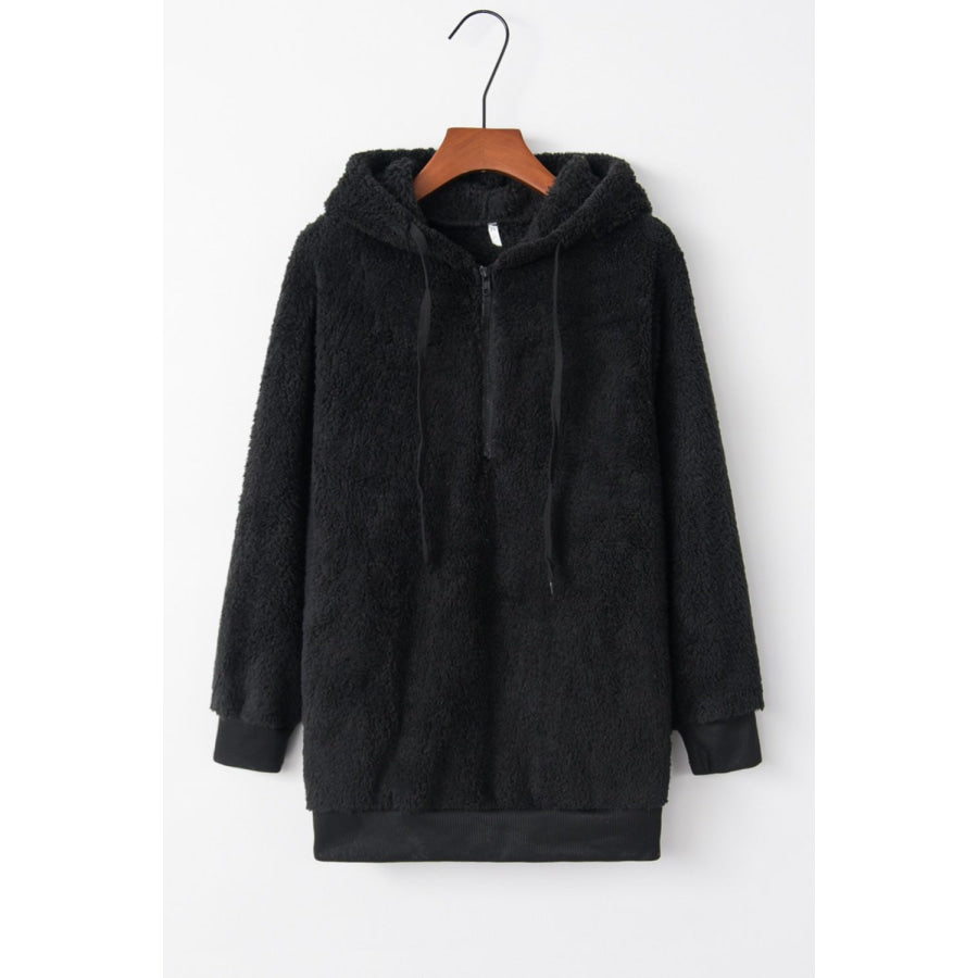 Full Size Quarter-Zip Drawstring Teddy Hoodie Apparel and Accessories