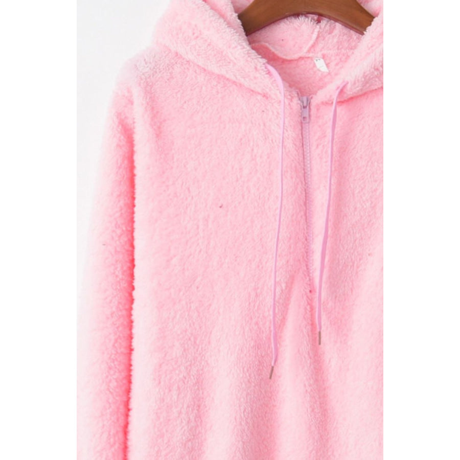 Full Size Quarter-Zip Drawstring Teddy Hoodie Apparel and Accessories