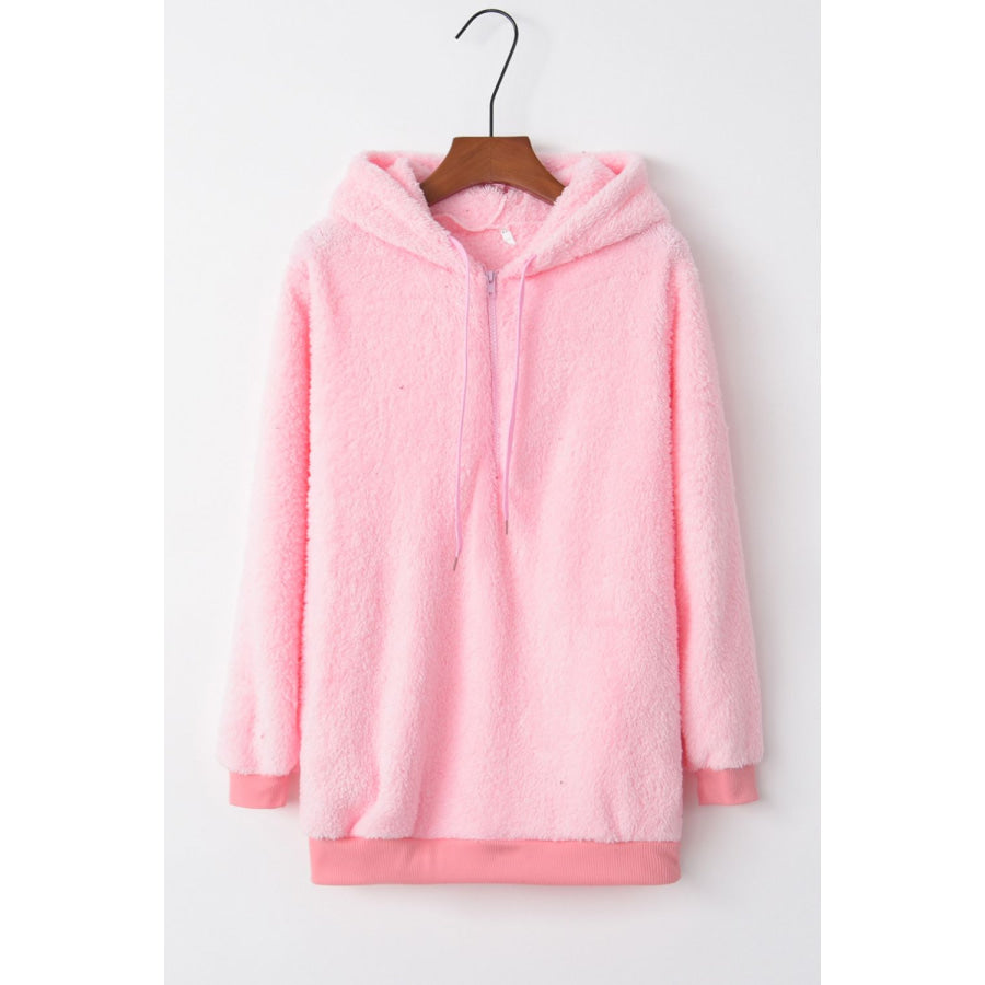 Full Size Quarter-Zip Drawstring Teddy Hoodie Apparel and Accessories