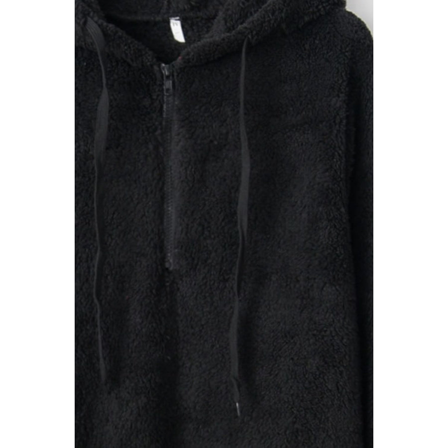 Full Size Quarter-Zip Drawstring Teddy Hoodie Apparel and Accessories