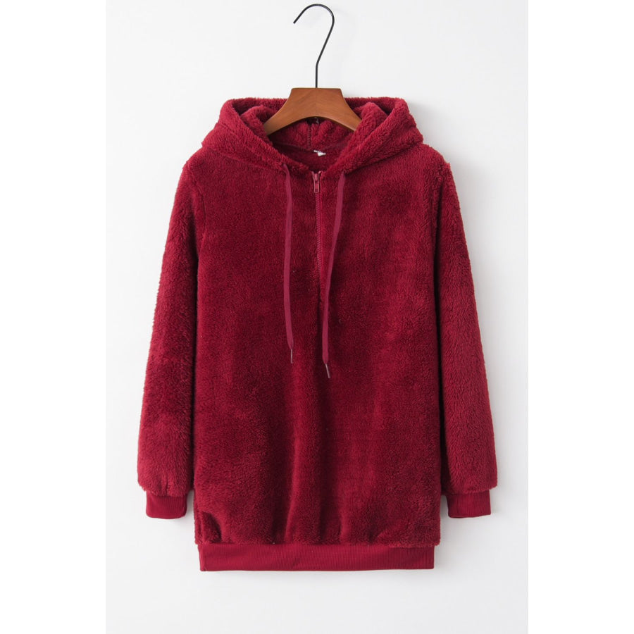 Full Size Quarter-Zip Drawstring Teddy Hoodie Apparel and Accessories