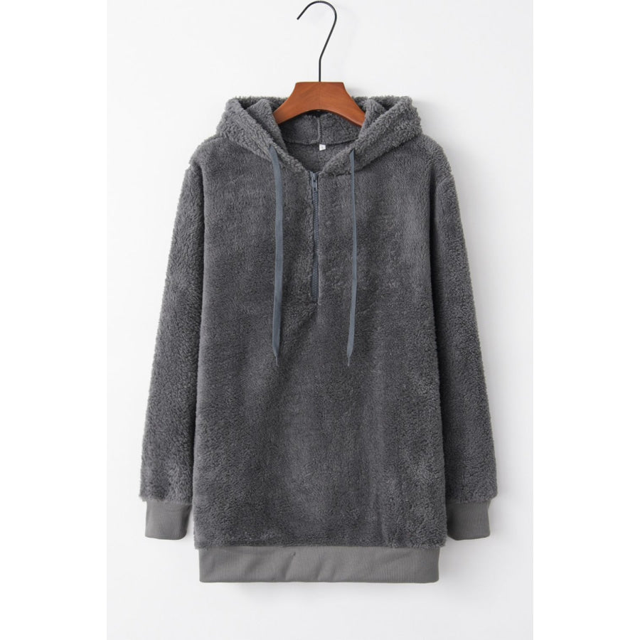 Full Size Quarter-Zip Drawstring Teddy Hoodie Apparel and Accessories