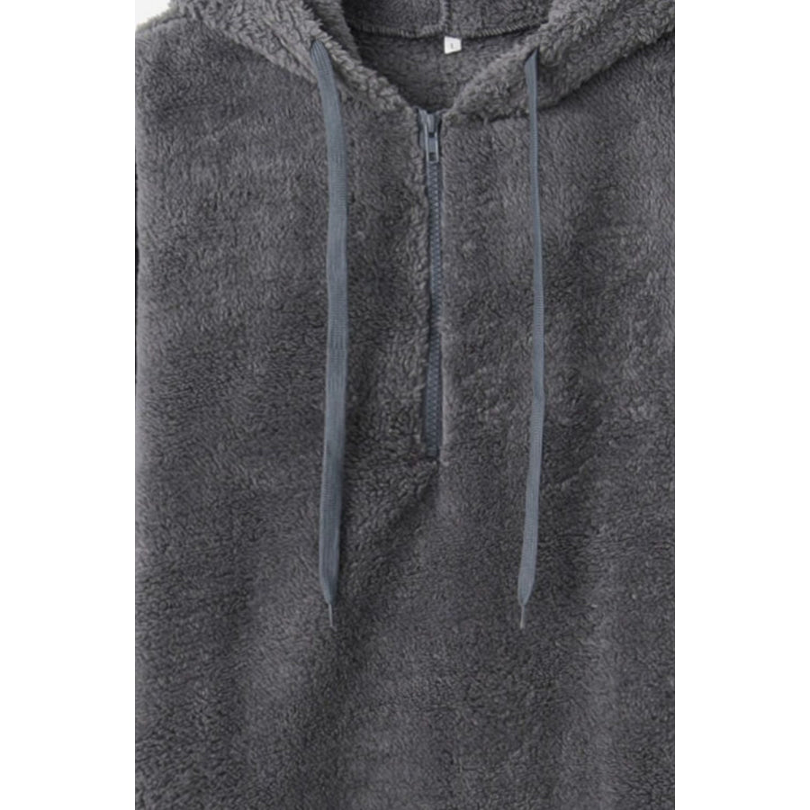 Full Size Quarter-Zip Drawstring Teddy Hoodie Apparel and Accessories