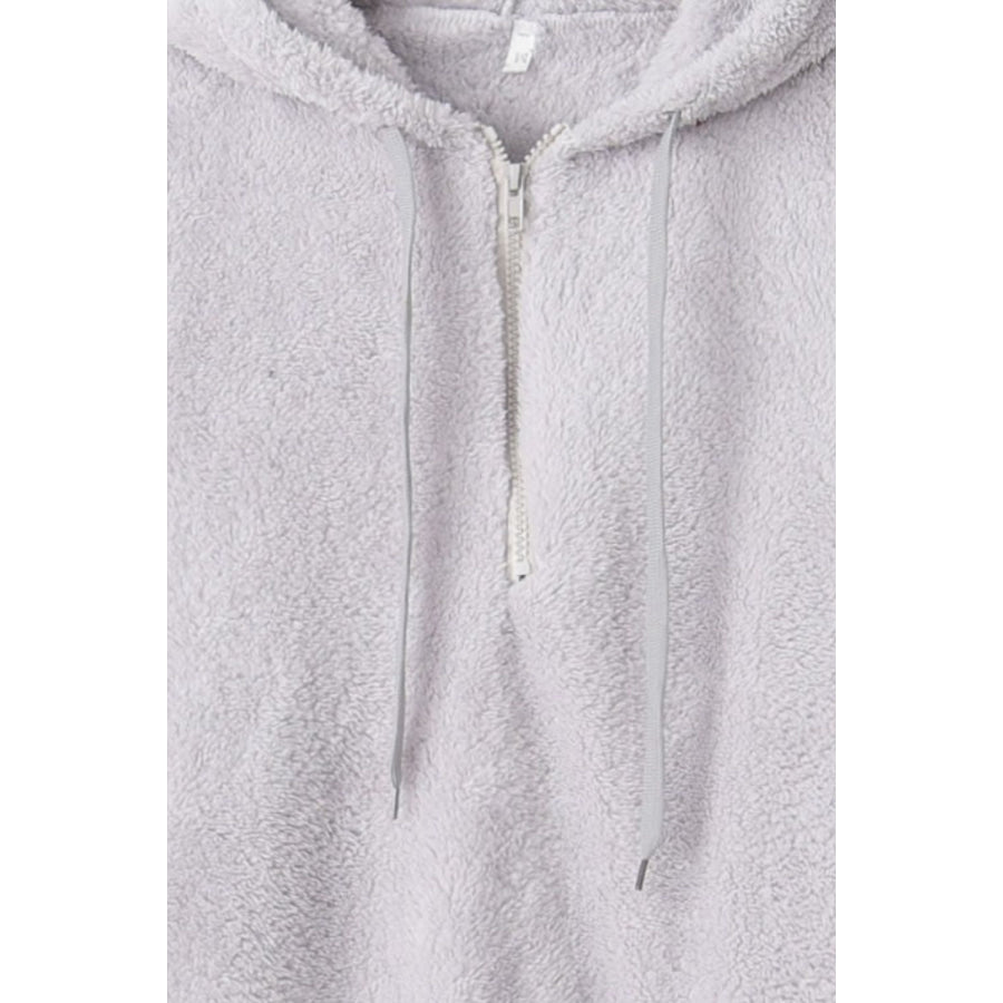 Full Size Quarter-Zip Drawstring Teddy Hoodie Apparel and Accessories