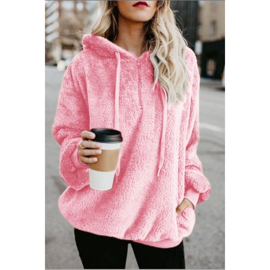 Full Size Quarter-Zip Drawstring Teddy Hoodie Blush Pink / S Apparel and Accessories