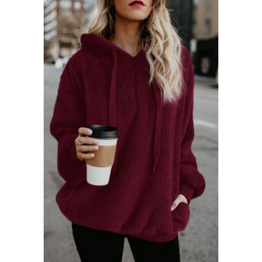 Full Size Quarter-Zip Drawstring Teddy Hoodie Burgundy / S Apparel and Accessories