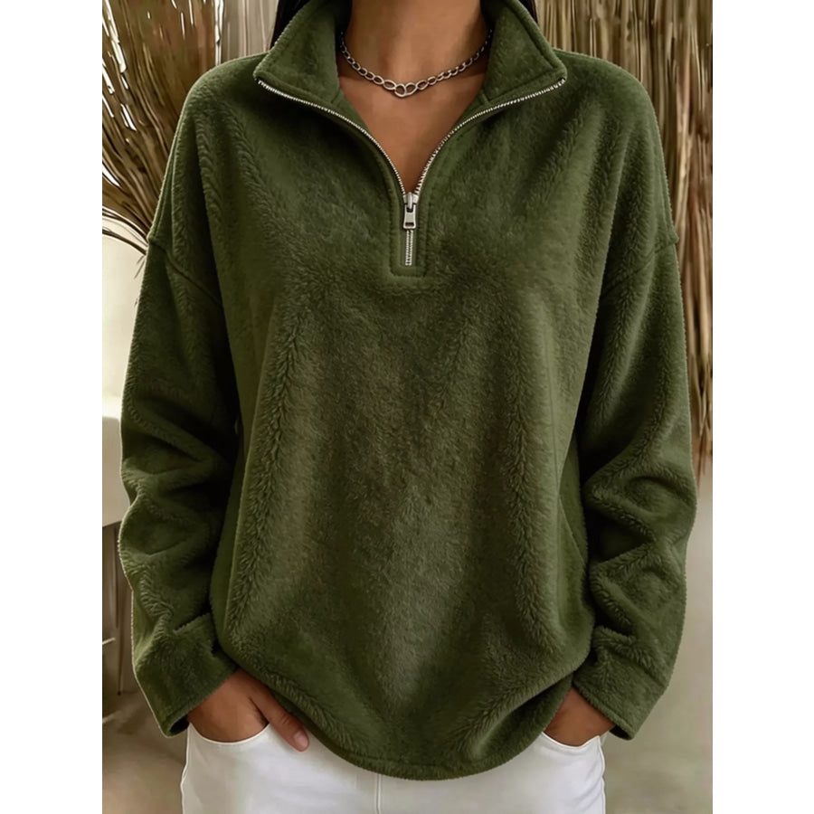 Full Size Quarter-Zip Fleece Sweatshirt Plus Size Army Green / S Apparel and Accessories