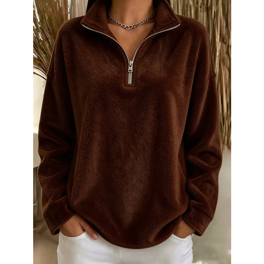Full Size Quarter-Zip Fleece Sweatshirt Plus Size Brown / S Apparel and Accessories