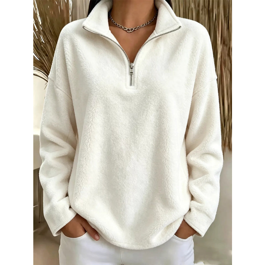 Full Size Quarter-Zip Fleece Sweatshirt Plus Size White / S Apparel and Accessories