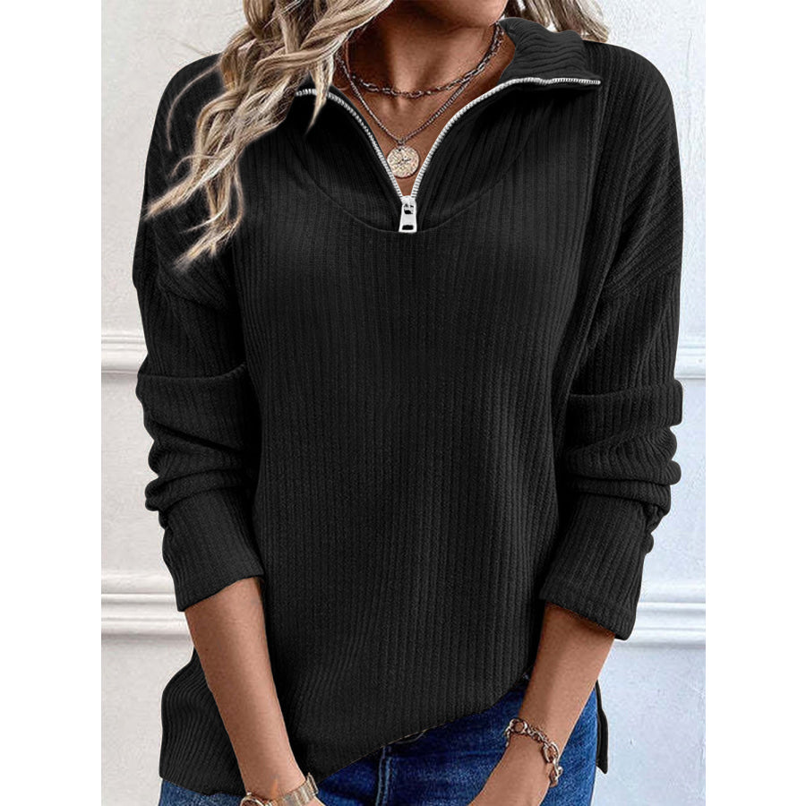 Full Size Quarter Zip Long Sleeve Top Black / S Apparel and Accessories