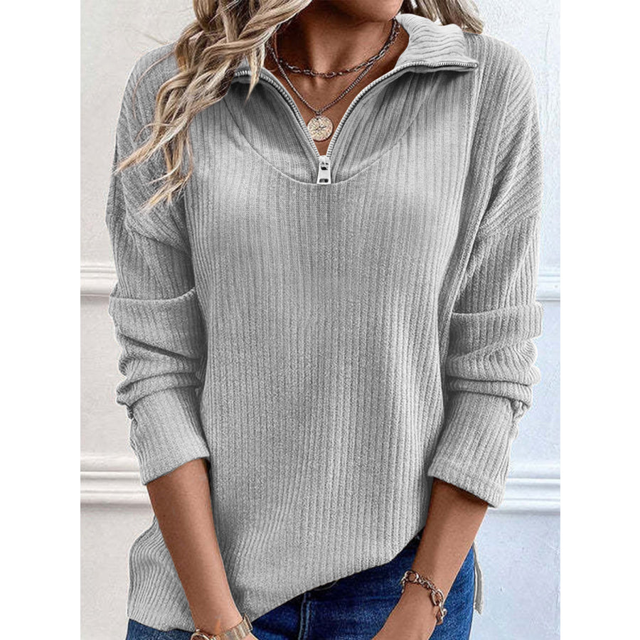 Full Size Quarter Zip Long Sleeve Top Light Gray / S Apparel and Accessories