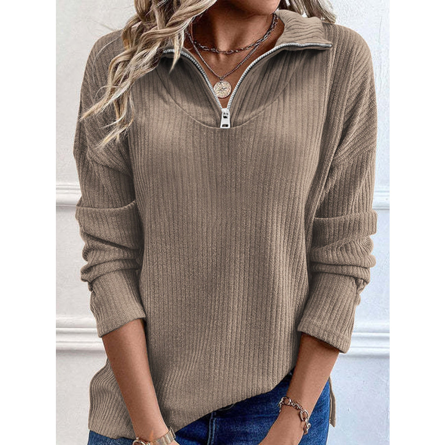 Full Size Quarter Zip Long Sleeve Top Taupe / S Apparel and Accessories