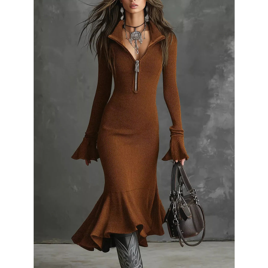 Full Size Quarter-Zip Mermaid Hem Knit Dress Plus Size Amber / S Apparel and Accessories