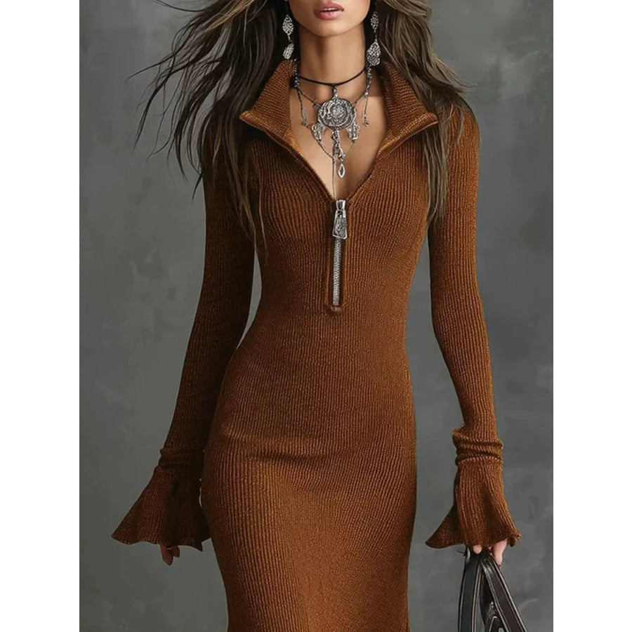 Full Size Quarter-Zip Mermaid Hem Knit Dress Plus Size Apparel and Accessories