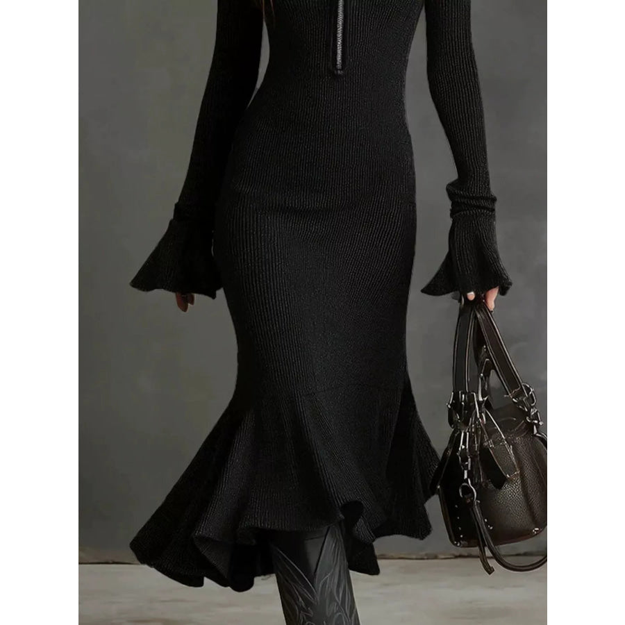 Full Size Quarter-Zip Mermaid Hem Knit Dress Plus Size Apparel and Accessories