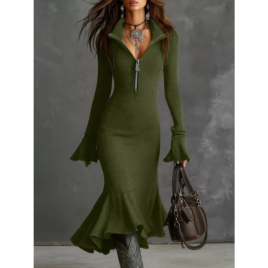 Full Size Quarter-Zip Mermaid Hem Knit Dress Plus Size Army Green / S Apparel and Accessories