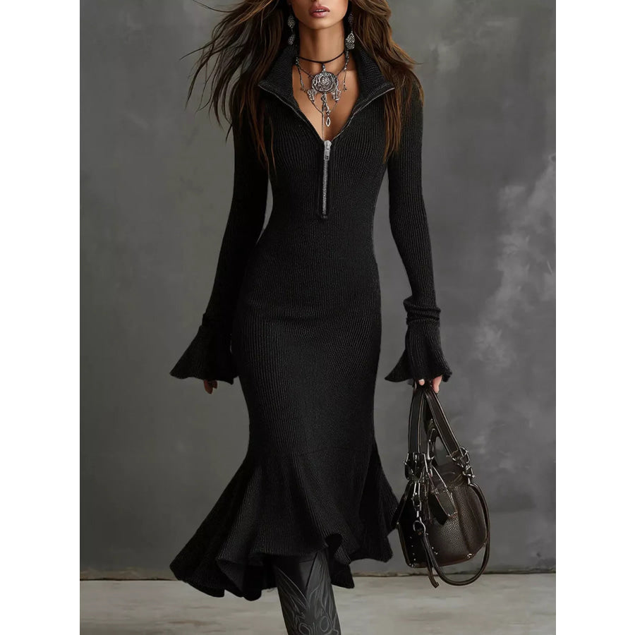 Full Size Quarter-Zip Mermaid Hem Knit Dress Plus Size Black / S Apparel and Accessories