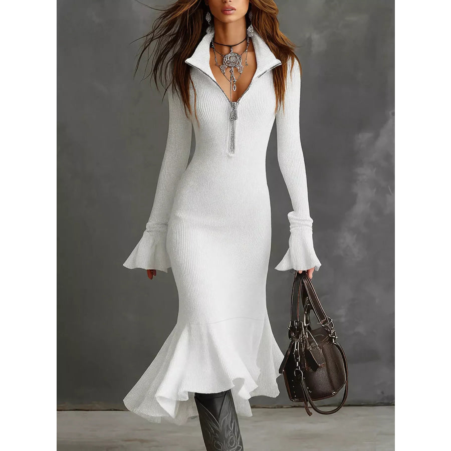 Full Size Quarter-Zip Mermaid Hem Knit Dress Plus Size White / S Apparel and Accessories