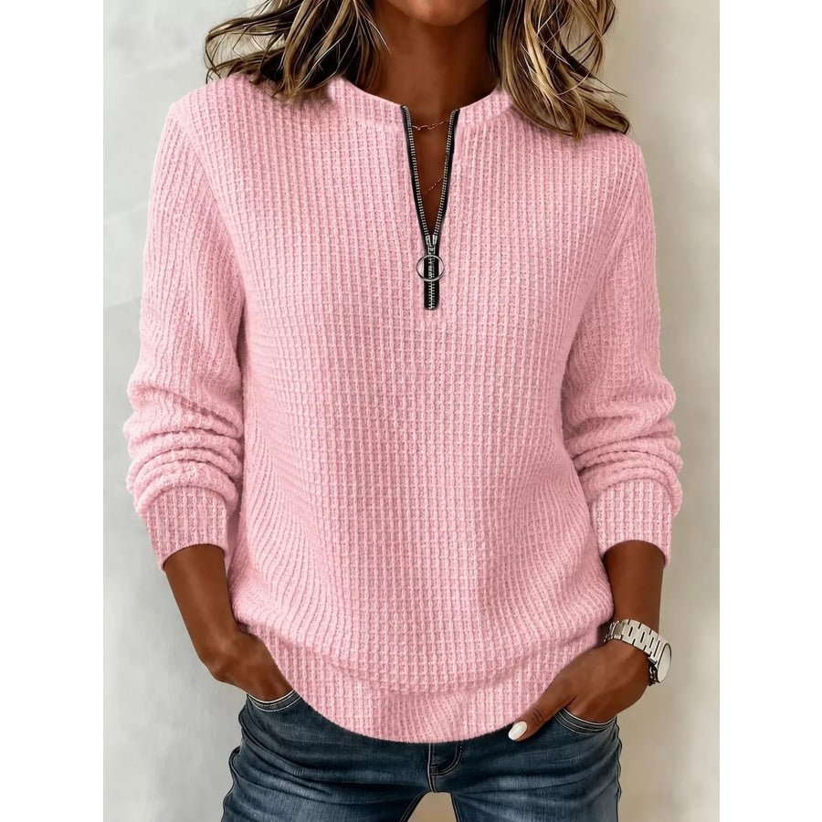 Full Size Quarter-Zip Textured Sweatshirt Plus Pink / S Apparel and Accessories