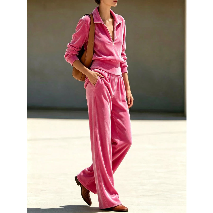 Full Size Quarter-Zip Top and Wide-Leg Pants Set Plus Apparel Accessories