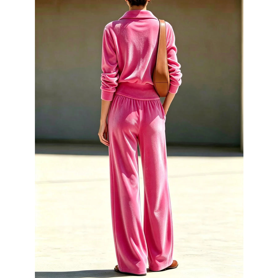 Full Size Quarter-Zip Top and Wide-Leg Pants Set Plus Apparel Accessories