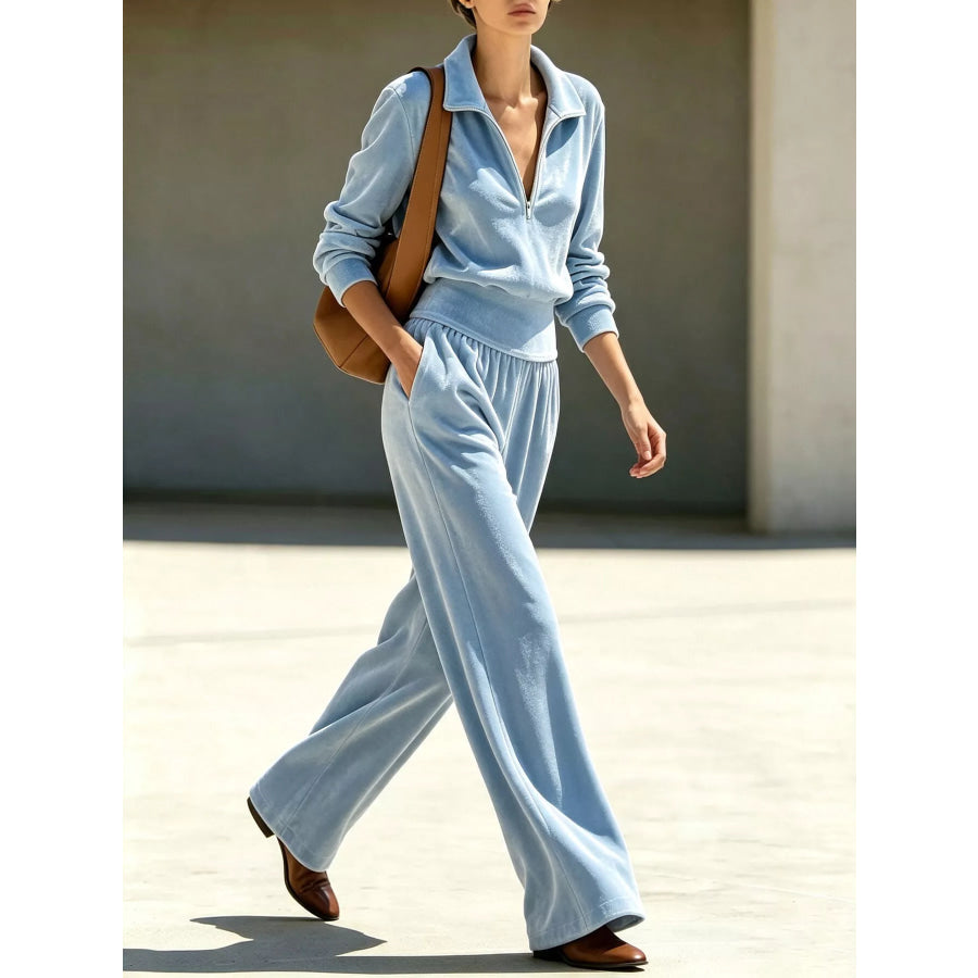 Full Size Quarter-Zip Top and Wide-Leg Pants Set Plus Apparel Accessories