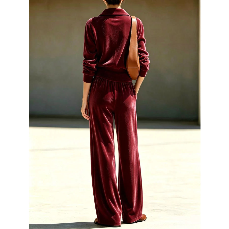 Full Size Quarter-Zip Top and Wide-Leg Pants Set Plus Apparel Accessories
