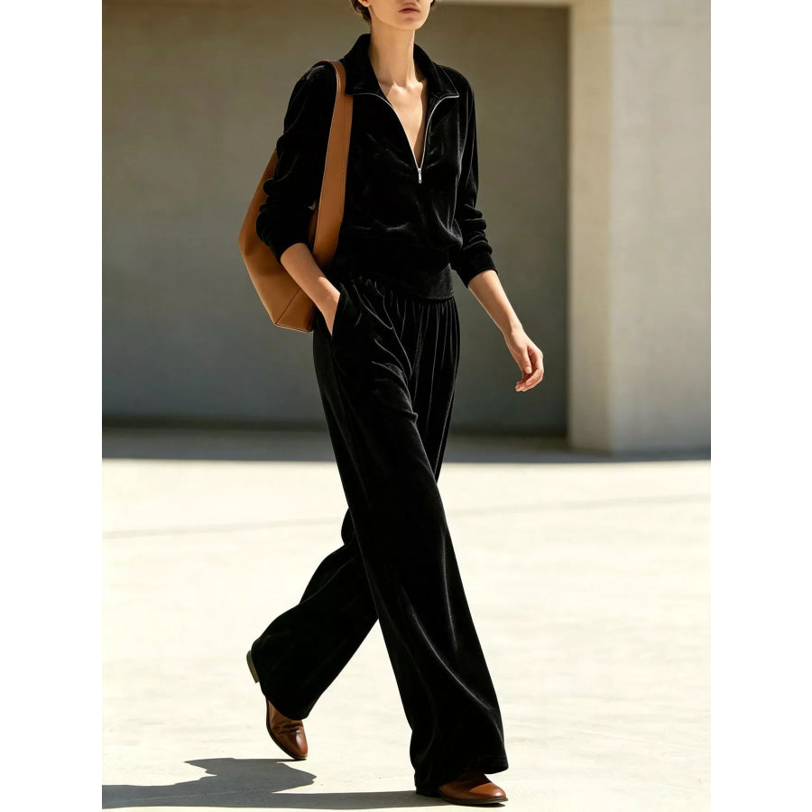 Full Size Quarter-Zip Top and Wide-Leg Pants Set Plus Apparel Accessories