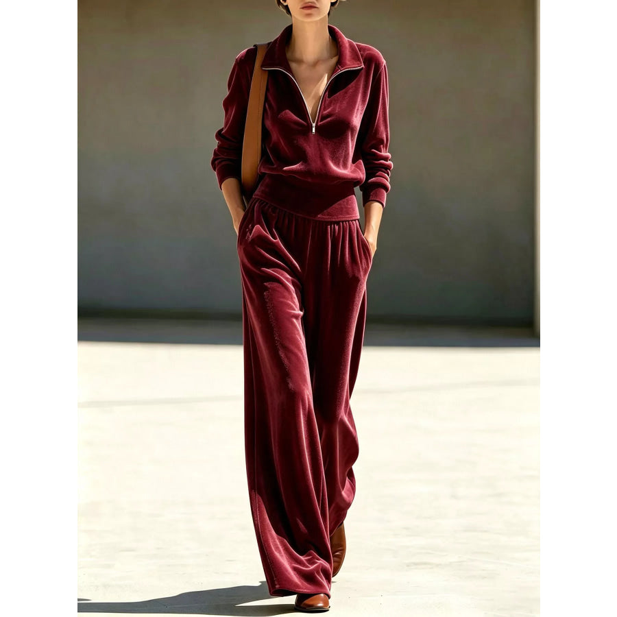 Full Size Quarter-Zip Top and Wide-Leg Pants Set Plus Apparel Accessories