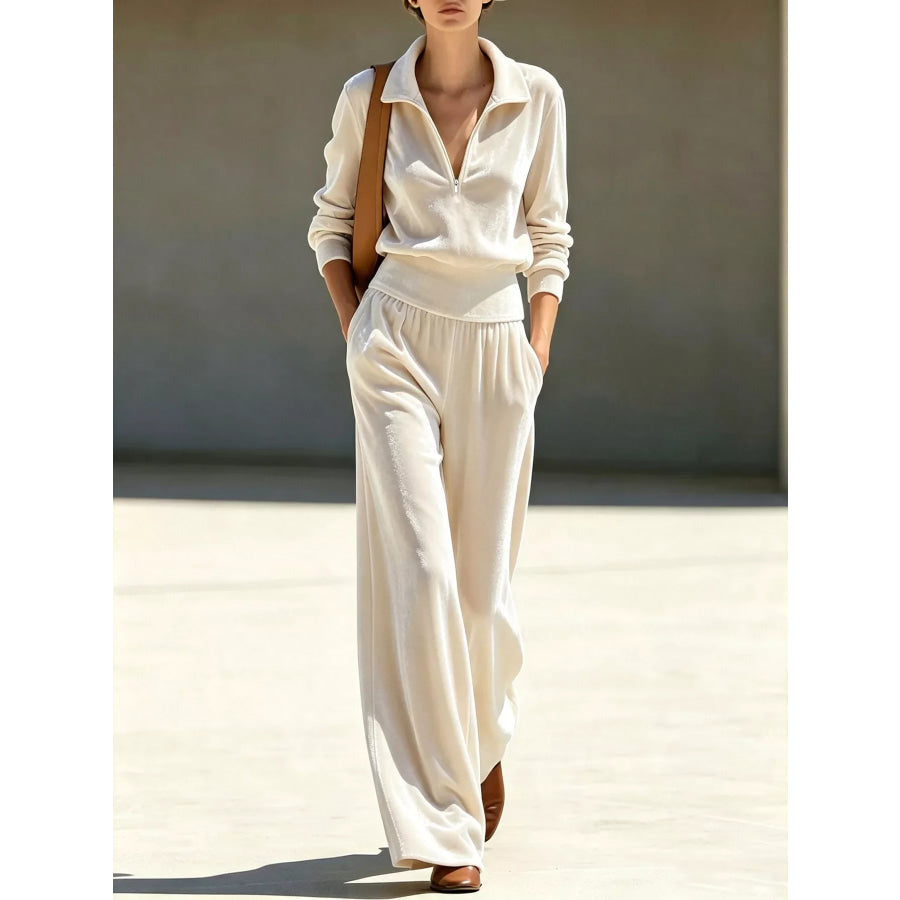 Full Size Quarter-Zip Top and Wide-Leg Pants Set Plus Apricot / S Apparel Accessories