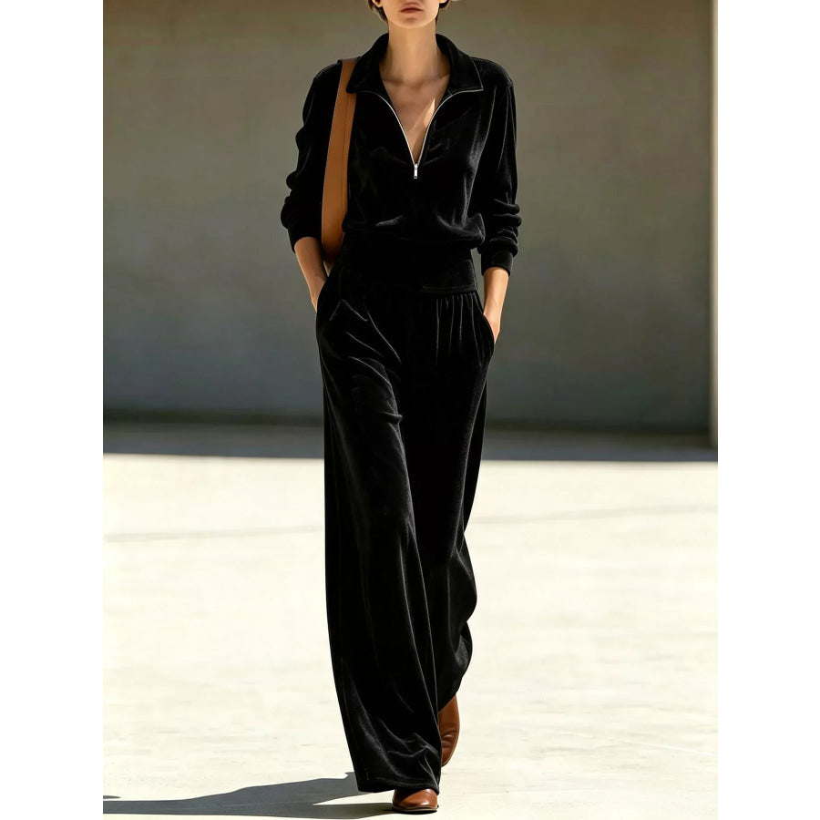 Full Size Quarter-Zip Top and Wide-Leg Pants Set Plus Black / S Apparel Accessories