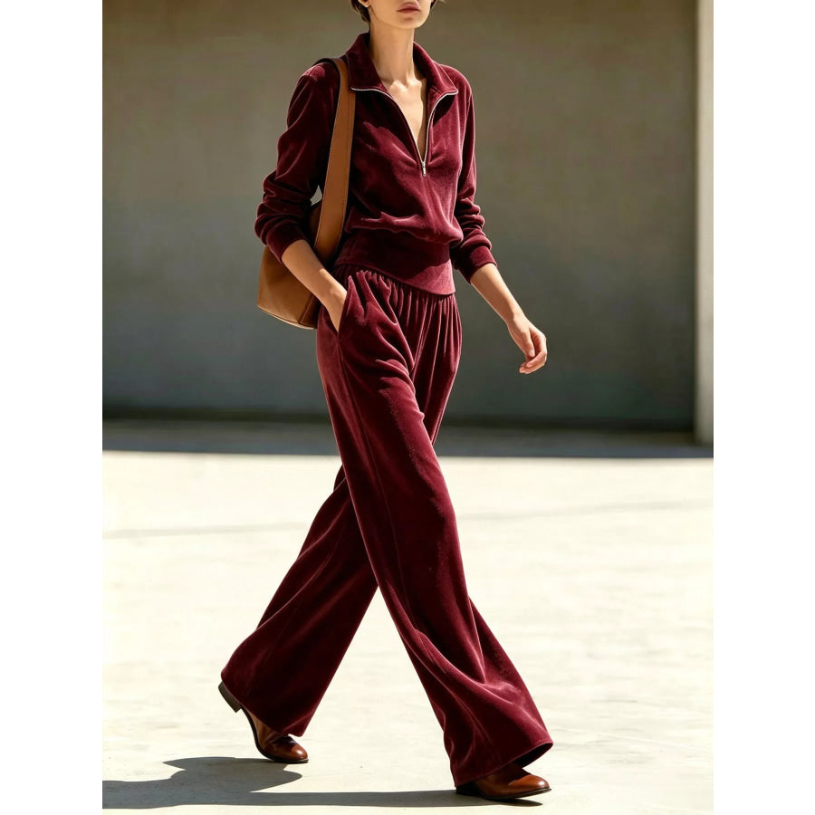 Full Size Quarter-Zip Top and Wide-Leg Pants Set Plus Burgundy / S Apparel Accessories
