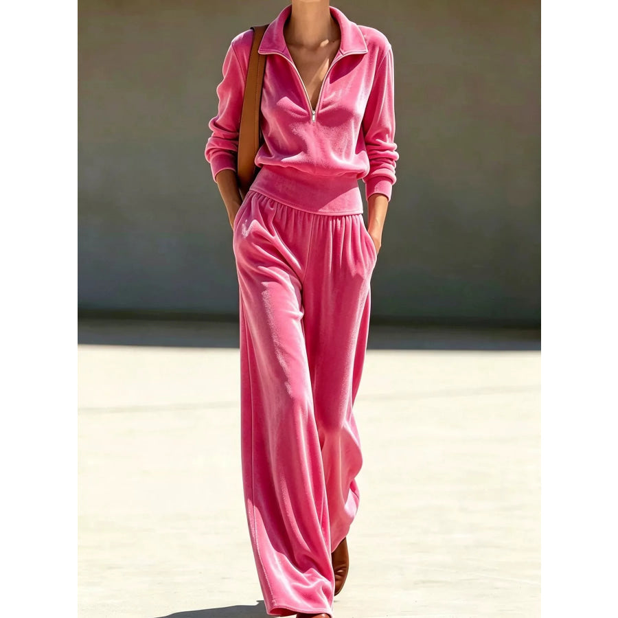 Full Size Quarter-Zip Top and Wide-Leg Pants Set Plus Fuchsia Pink / S Apparel Accessories