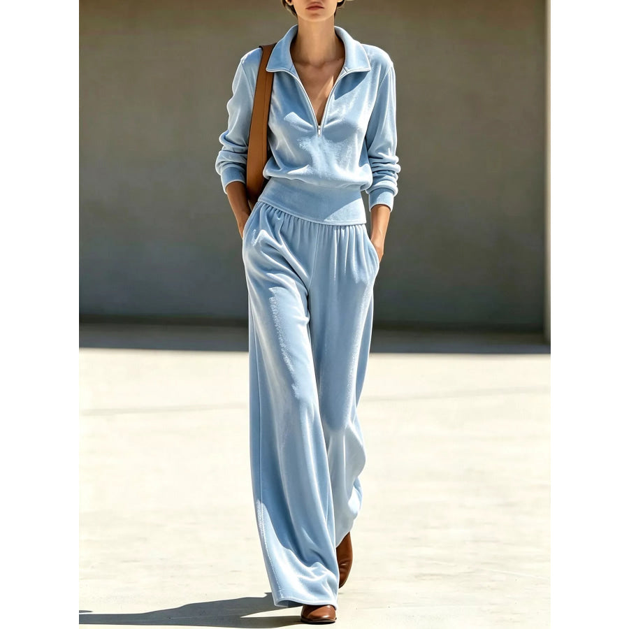 Full Size Quarter-Zip Top and Wide-Leg Pants Set Plus Sky Blue / S Apparel Accessories