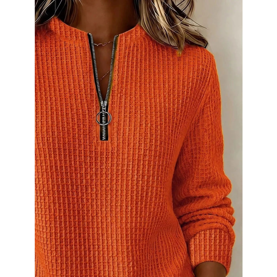 Full Size Quarter-Zip Waffle Knit Sweatshirt Plus Apparel and Accessories