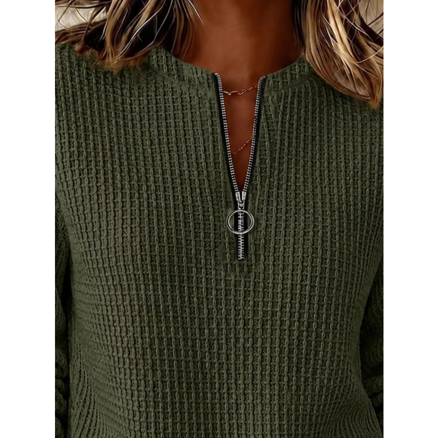 Full Size Quarter-Zip Waffle Knit Sweatshirt Plus Apparel and Accessories